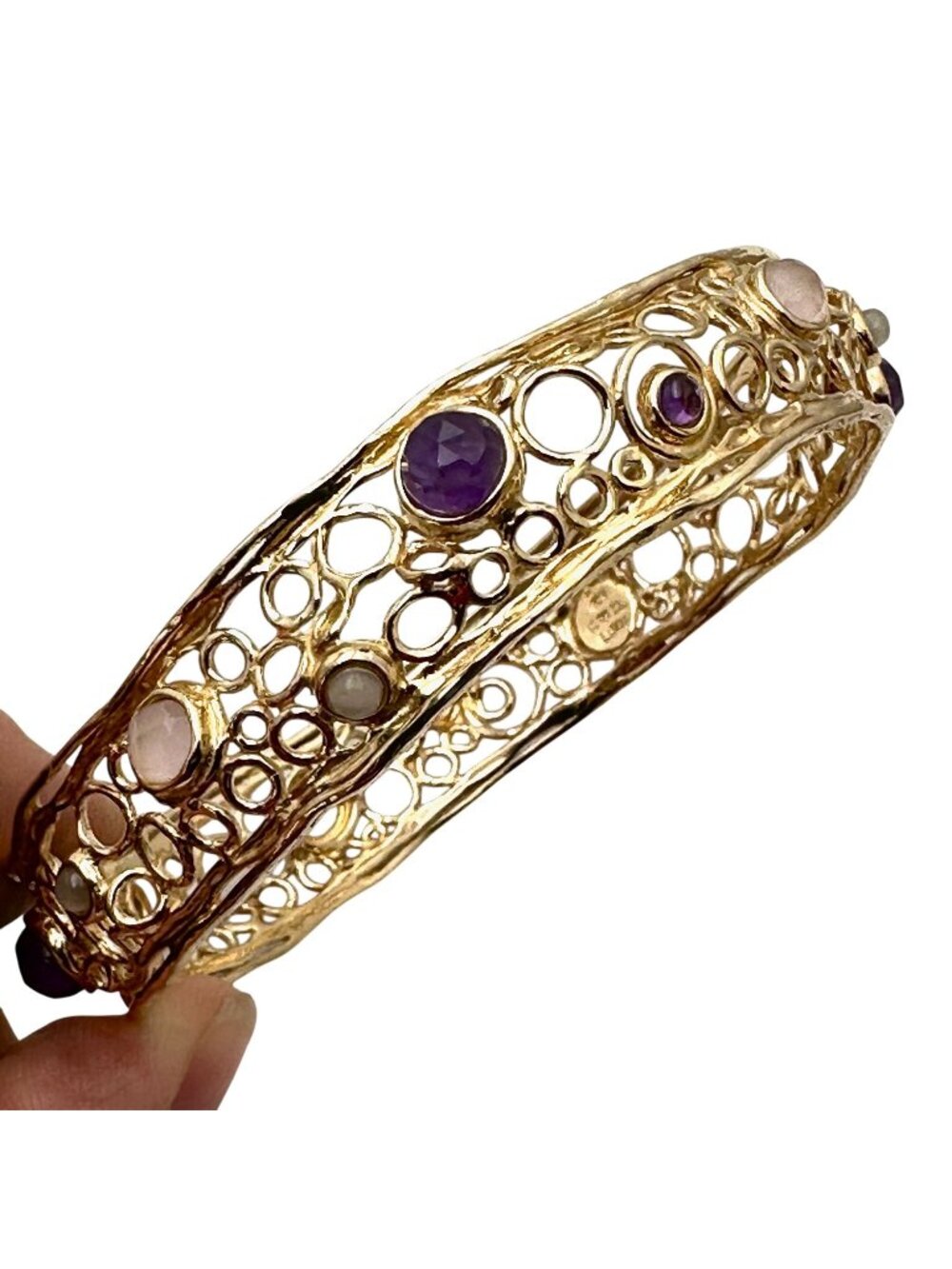 Isreal LIRM Multi Gemstone Bracelet Gold Plated Sterling Silver Bangle 8"